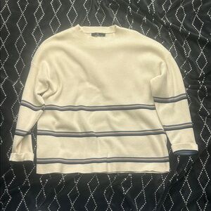 Classic Beige Crewneck Sweater with Blue Stripes